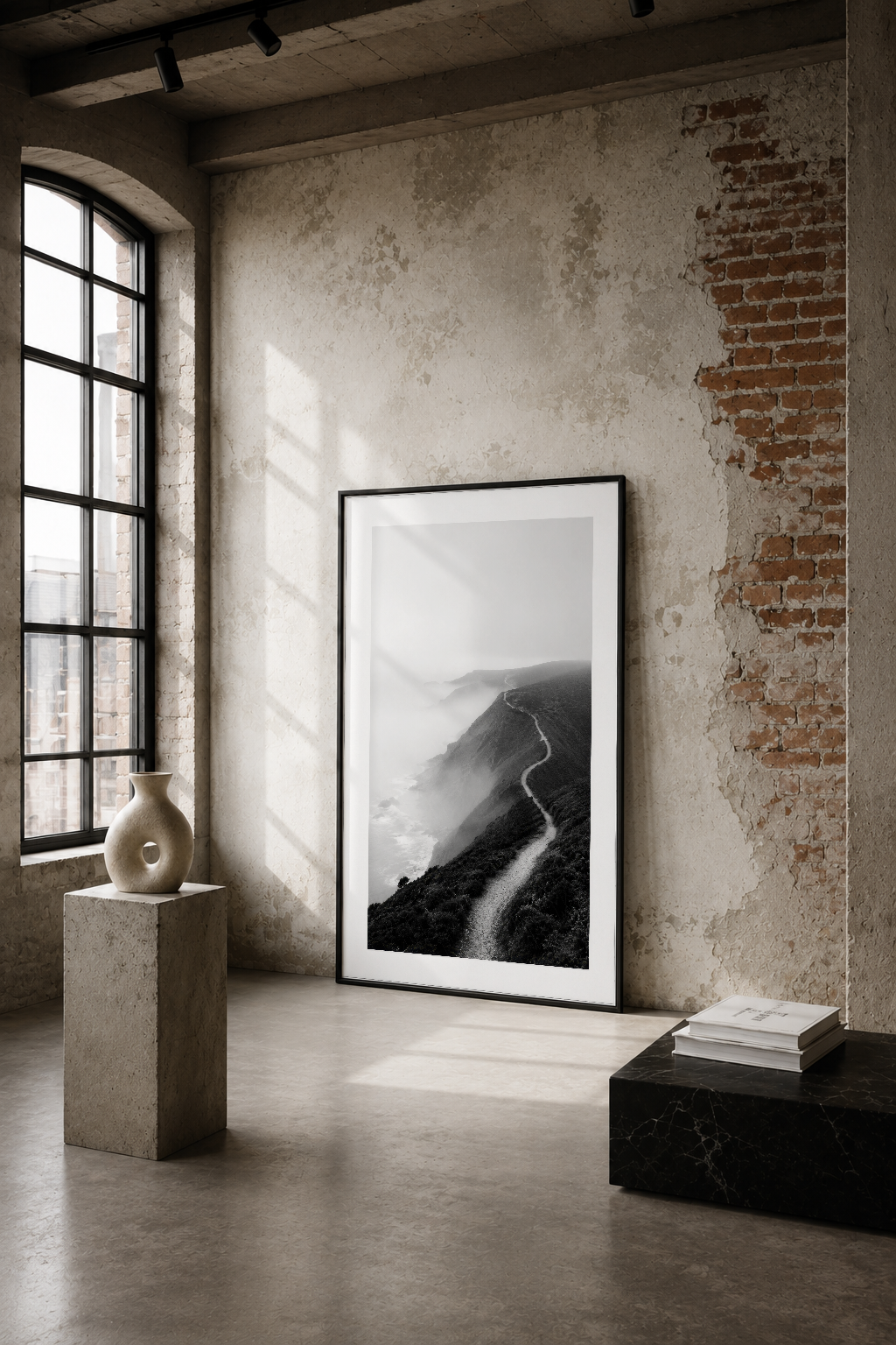 Siyah-beyaz dağ ve yol fotoğrafının minimal siyah çerçevesi, endüstriyel loft ortamında duvar tablosu.