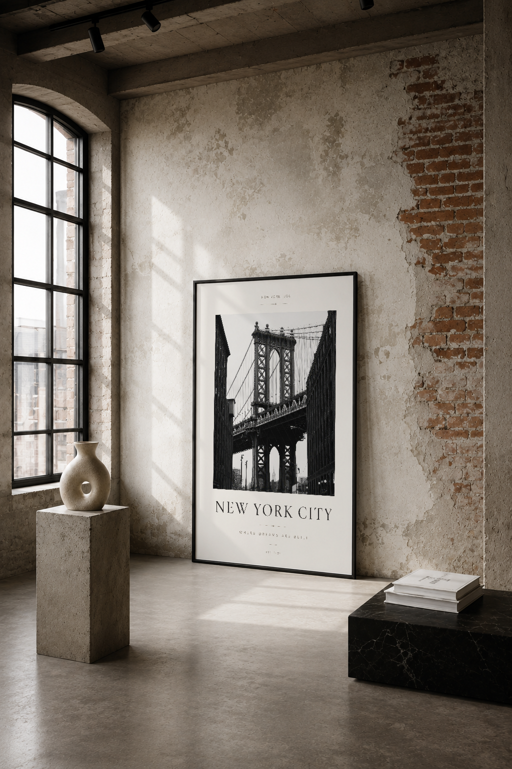 Manhattan Köprüsü siyah beyaz tasarımlı minimalist poster, endüstriyel loft ortamında duvar sanatı.