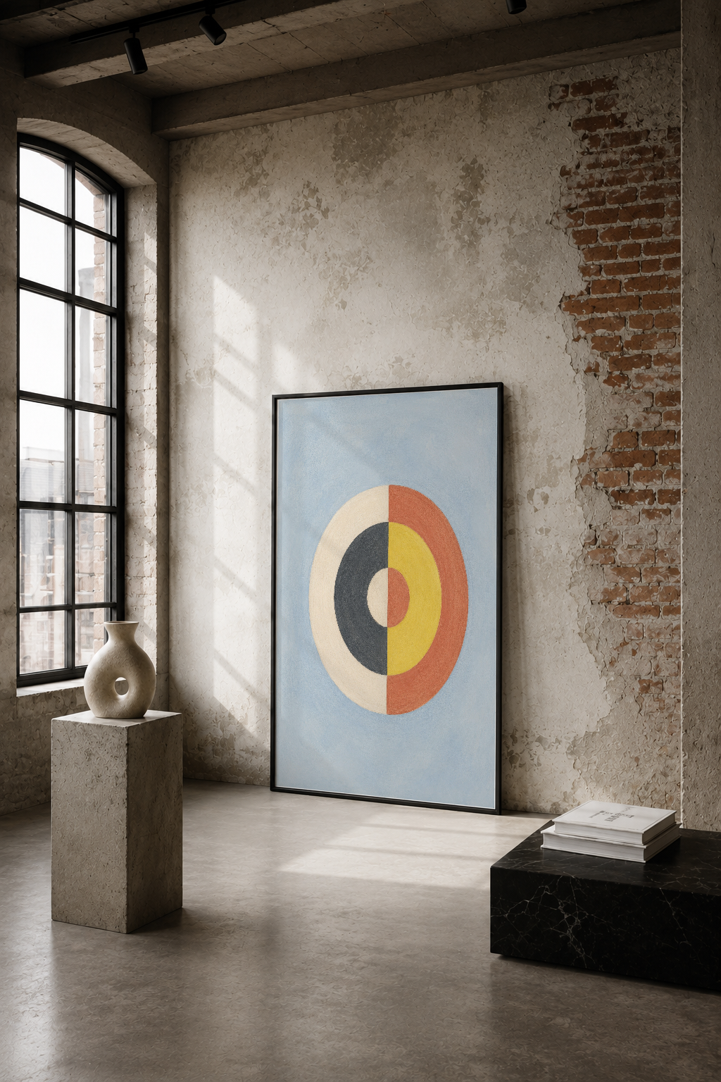 Geometrik daire motifi, endüstriyel mekânda tuğla duvarlar arasında, minimalist tasarım.