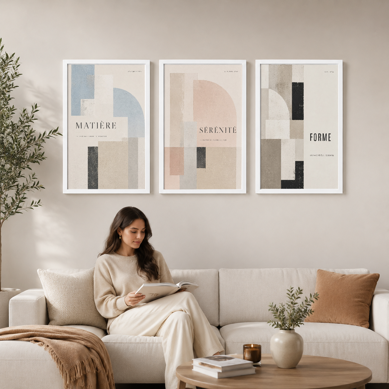 Matiere, Serenite ve Forme adlı üç panel tablo seti, modern oturma odasında kanepenin üstünde, soyut geometrik formlar ve