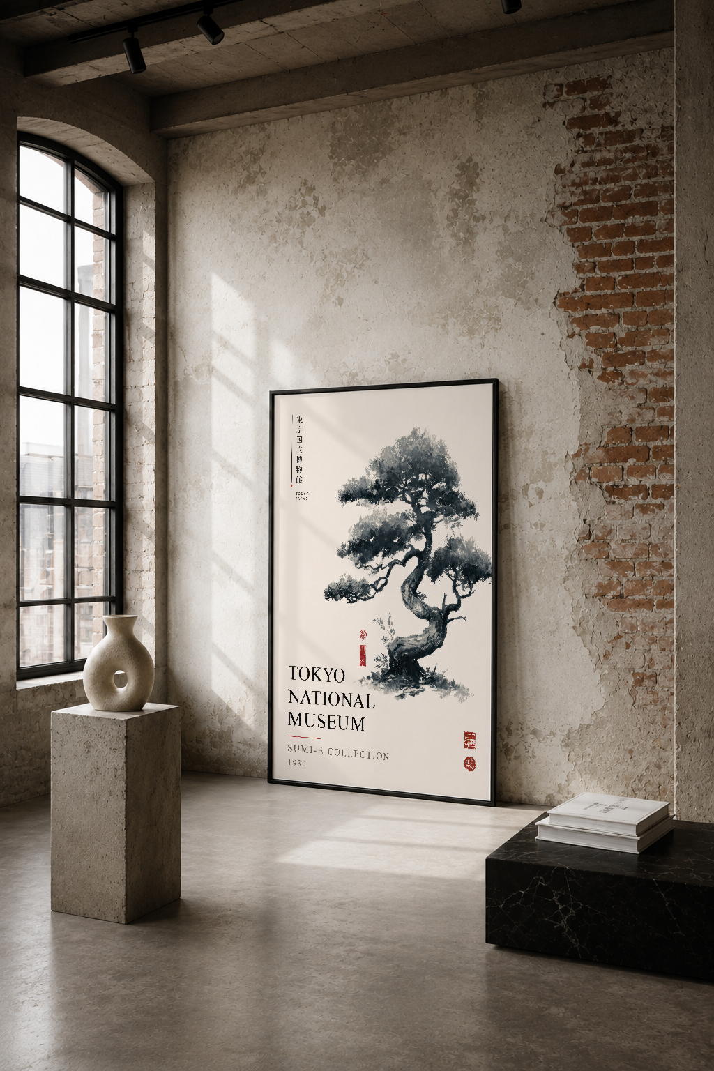 Tokyo National Museum Sumi-e koleksiyonundan ilham alan, minimalist bonsai ağacı tasarımlı siyah beyaz poster.