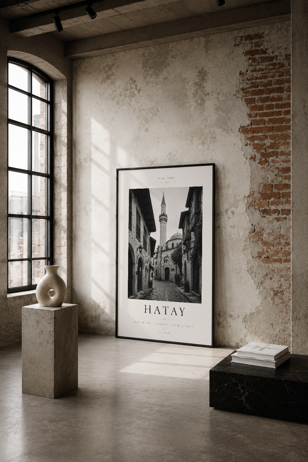 Hatay'ın tarihi sokak mimarisini siyah-beyaz fotoğrafla sunan minimalist poster, endüstriyel loft dekorasyonunda.