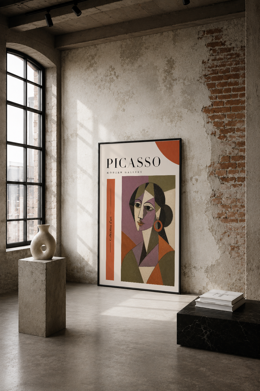Picasso Modern Gallery posteri, endüstriyel loft mekânında geometrik yüz portresi tasarımıyla sanat ve tasarım tutkunlarını