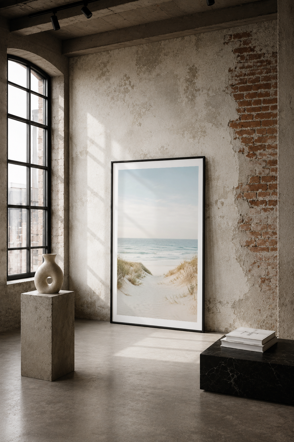 Sahil kumsal manzeasını gösteren minimalist poster, endüstriyel loft alanında sade duvar dekorasyonu.