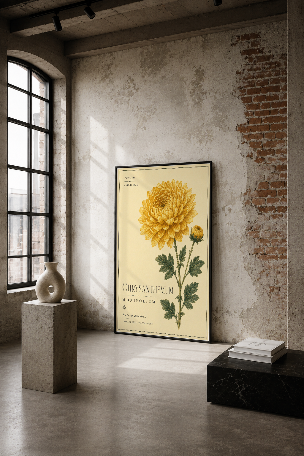 Sarı chrysanthemum botanik tablosu, endüstriyel bir mekanın beyaz duvarında siyah çerçeveli olarak sergileniyor.