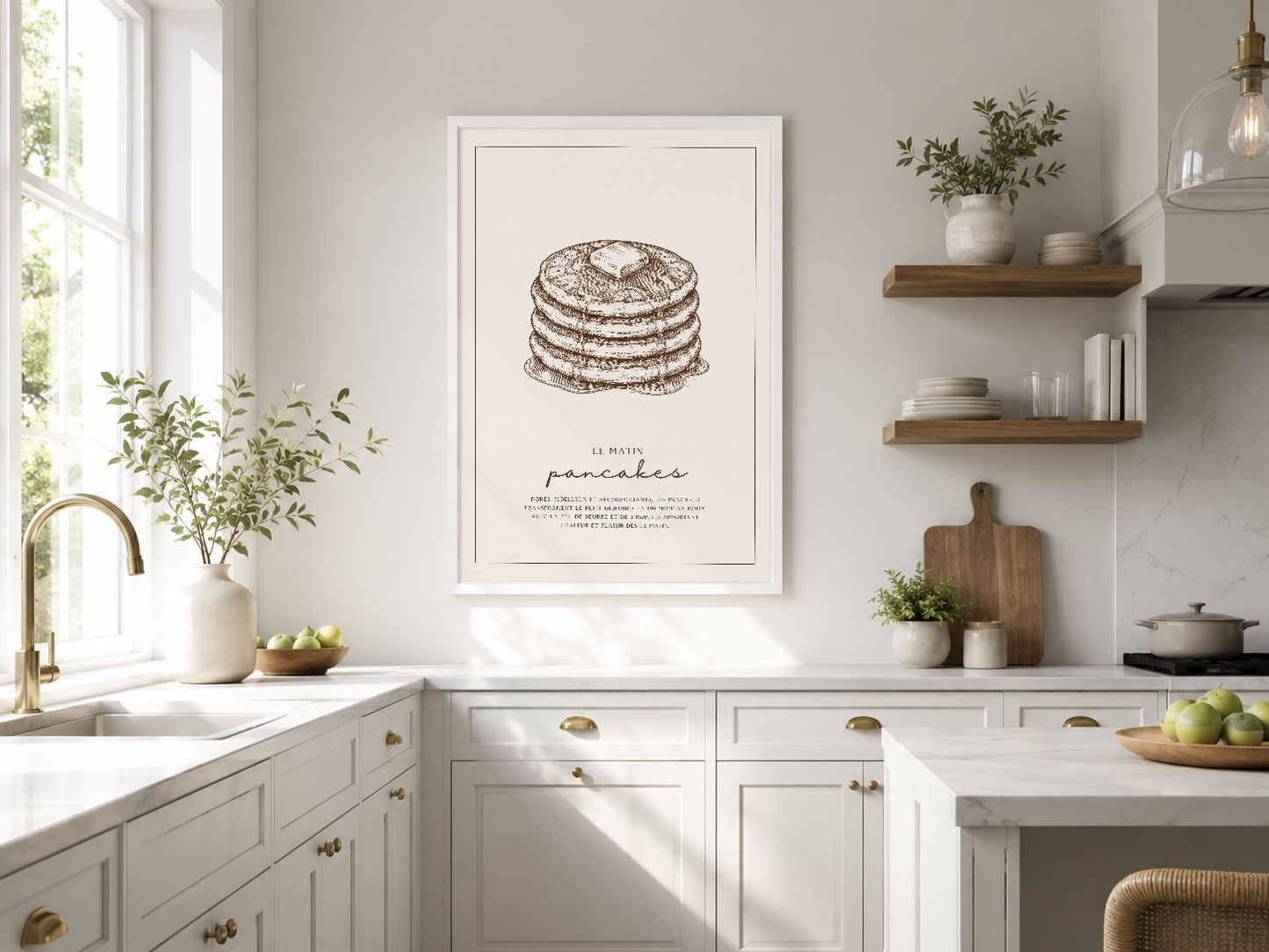 Le Matin Pancakes tablosu, kahvaltı temalı zarif çizim, modern mutfakta duvar sanatı.