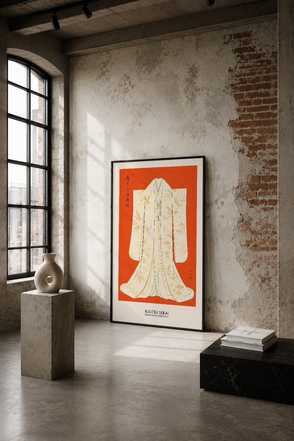 Krem ve altın detaylı kimono deseni, vibryan turuncu zemin üzerinde, endüstriyel loft alanında siyah çerçeveli modern sanat