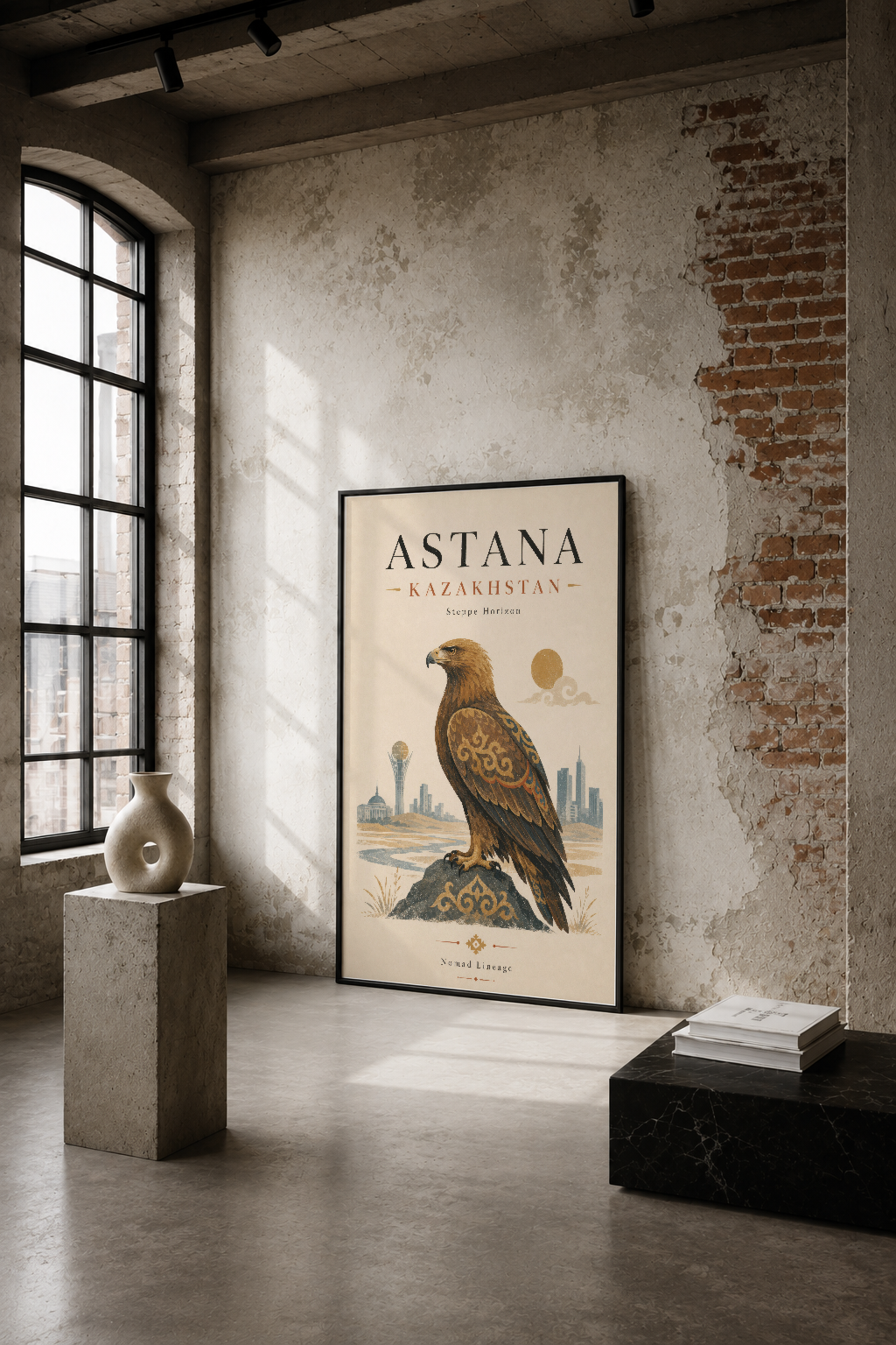 Astana Kazakistan temalı sanat tablosu, altın kartal motifiyle endüstriyel loft dekorasyonda.