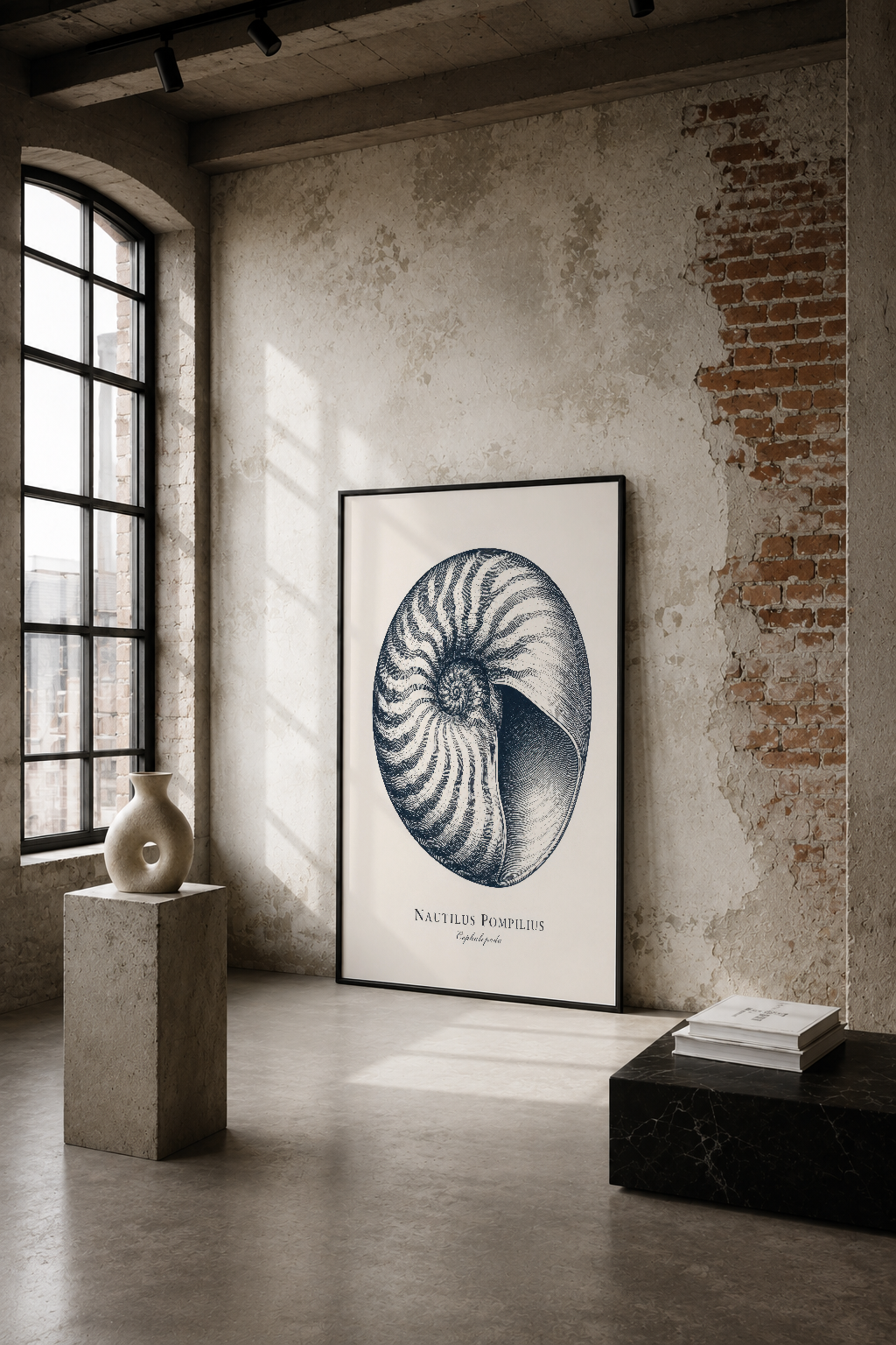 Nautilus Pompilius tasarımının yer aldığı siyah çizim poster, endüstriyel minimalist mekanda tuğla duvar karşısında