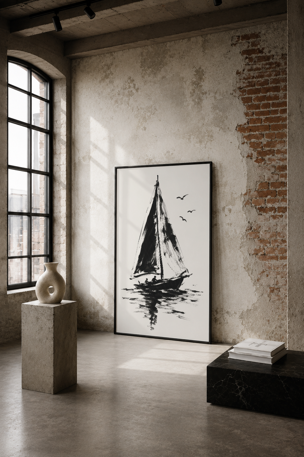 Siyah beyaz yelkenli tekne tasarımlı minimalist poster, endüstriyel loft tarzı betonlu duvarla.