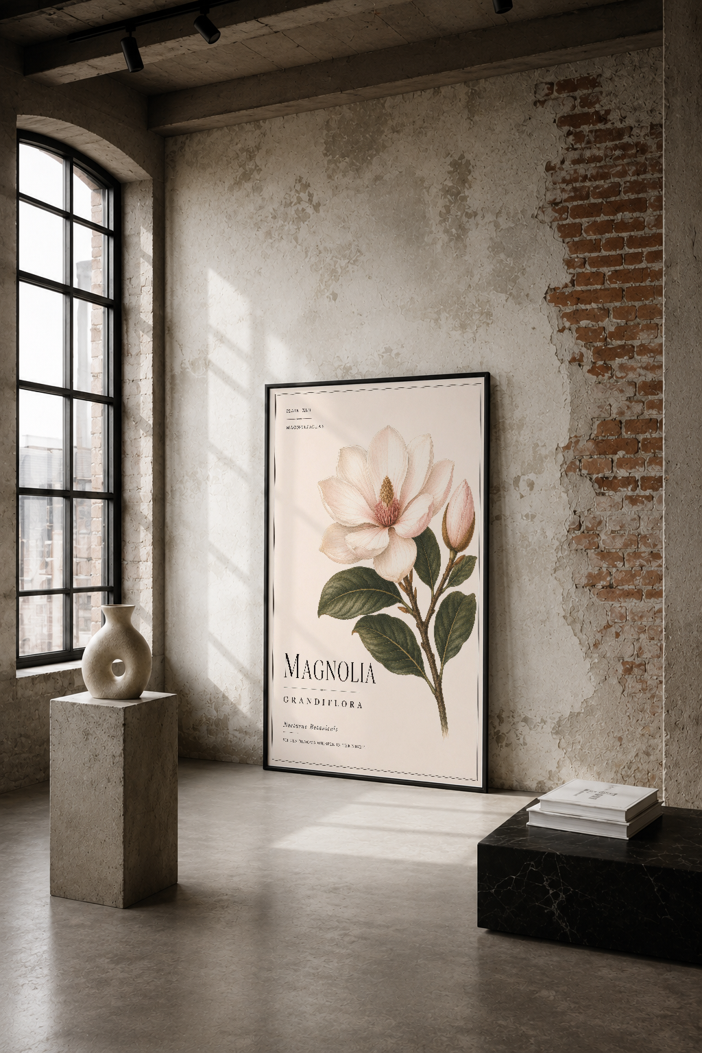 Pastel pembe magnolia çiçeği ve yeşil yaprakları botanik tarzda gösteren, siyah çerçeveli duvar tablosu endüstriyel loft