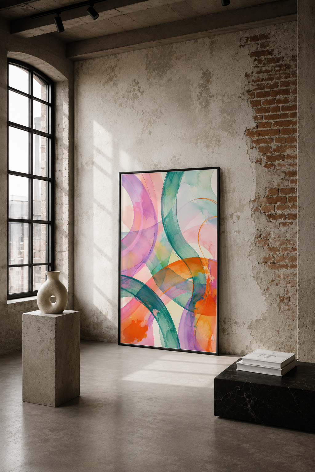 Renkli soyut akış motifli modern poster, endüstriyel loft dekorunda duvar sanatı olarak sergileniyor.
