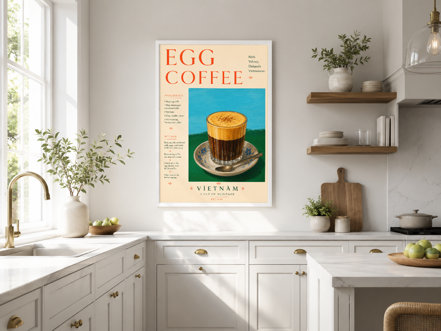 Vintage Egg Coffee Vietnam posteri, cream ve mavi renklerle tasarlanmış, modern mutfak duvarında retro kahve sanatı.