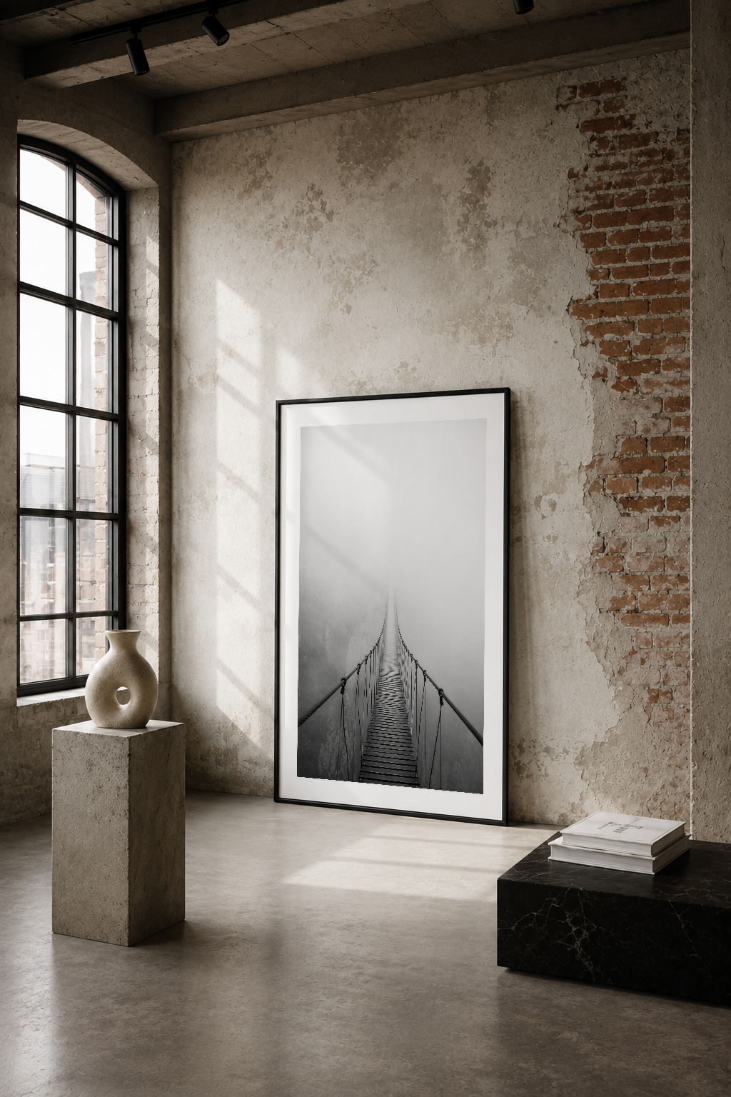 Endüstriyel mekanda siyah çerçeveli tablo, köprü perspektifinin minimalist siyah-beyaz fotoğrafını sergileme.
