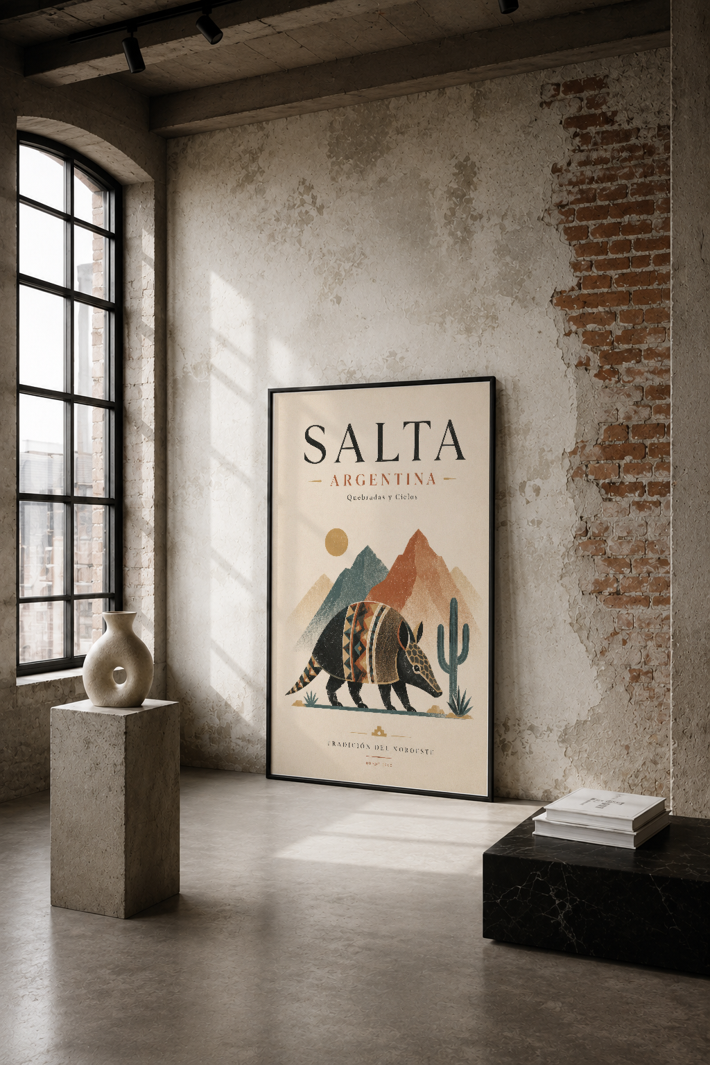 Salta Argentina tablosu, endüstriyel loft alanında tuğla duvar ve beton detaylarıyla sergilenen bohem tarzı tasarım.