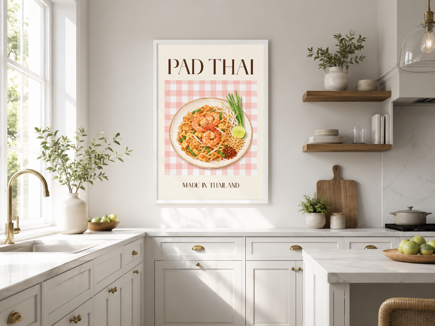 Pad Thai tablosu, pembe kareli tasarım ve Tayland yemeği illüstrasyonuyla modern mutfakta şık görünüyor.