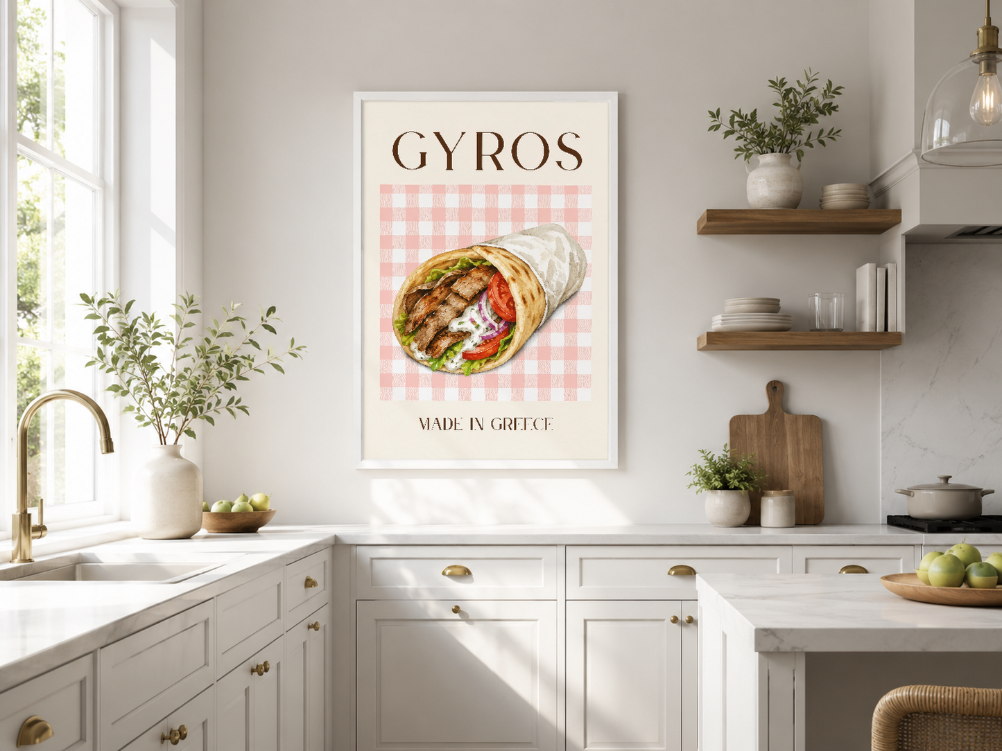 Gyros temalı minimalist poster, pembe kareli arka plan ve Yunan yazısıyla modern mutfak duvarında.