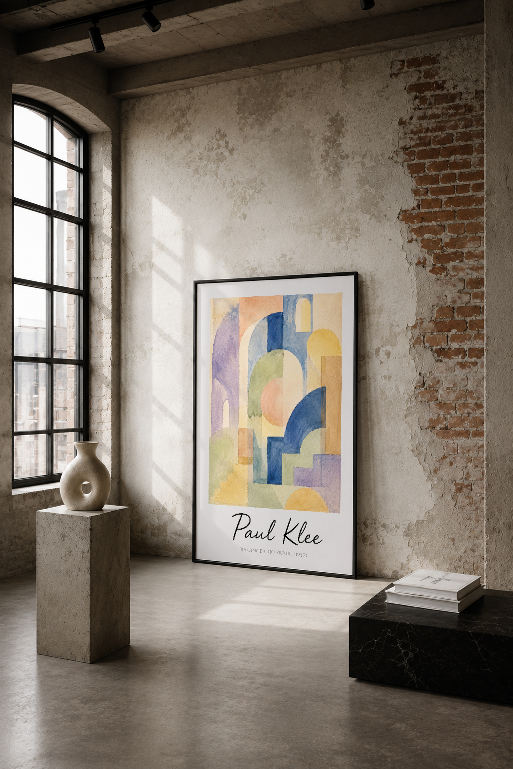 Paul Klee'nin Balanced Interior eserinin geometrik renkli tasarımı, endüstriyel loft mekanında sade çerçevede sergileniyor.