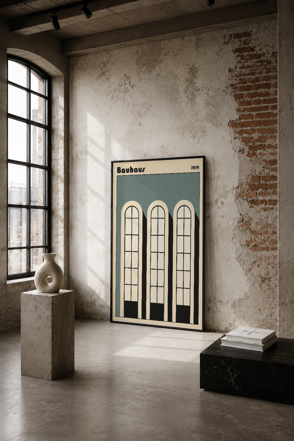1919 Bauhaus tarzı pencere tasarımı, endüstriyel mekanda geometrik sanat eseri.
