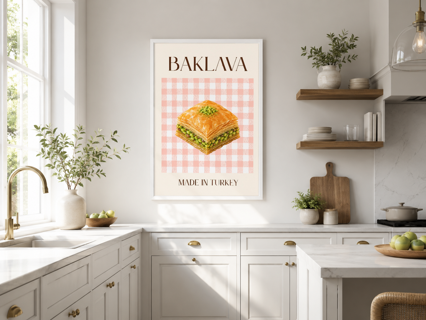 Baklava tablosu, pembe beyaz kareli arka funda altın sarısı pastane görseli ile modern mutfakta duvar sanatı.