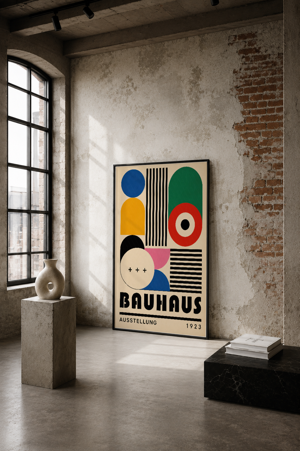Bauhaus Ausstellung 1923 posteri, endüstriyel mekanda geometrik şekiller ve canlı renklerle sanat tarihi yaşatır.