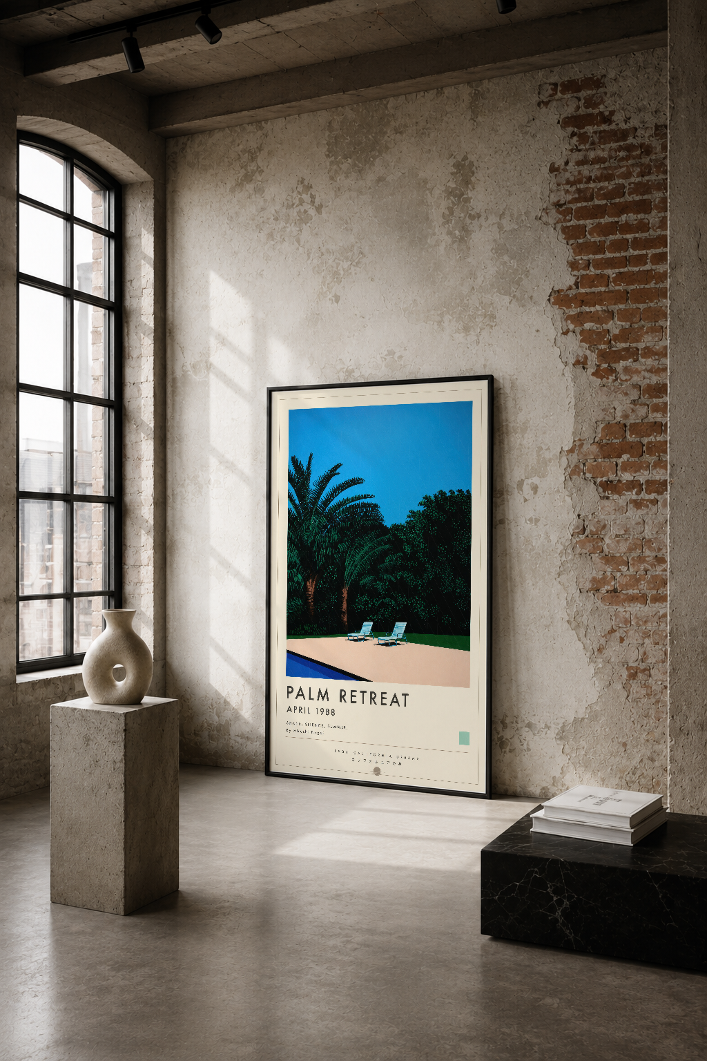 Palmiye ağaçlarının arasında iki şezlong gösteren retro tarz Palm Retreat tablosu, endüstriyel vintage odada duvarına asılı.