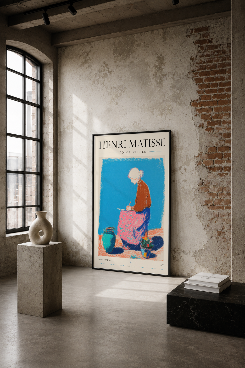 Henri Matisse Color Atelier tablosu, endüstriyel loft ortamında çıplak duvarlar arasında sanat ve tasarımın gücünü