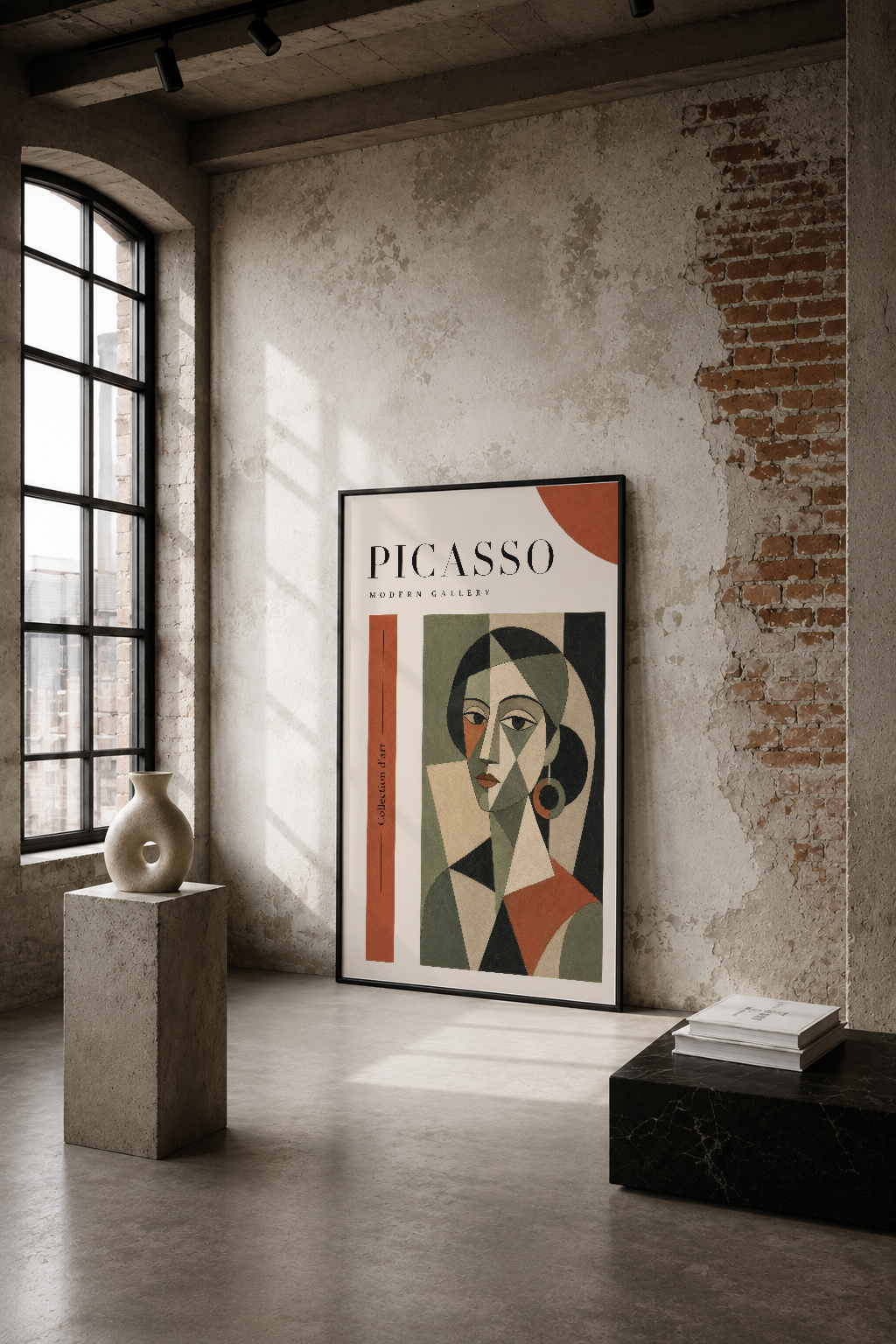 Picasso Modern Gallery tablosu, endüstriyel loft mekanda sade duvarına asılı, geometrik portre tasarımı.