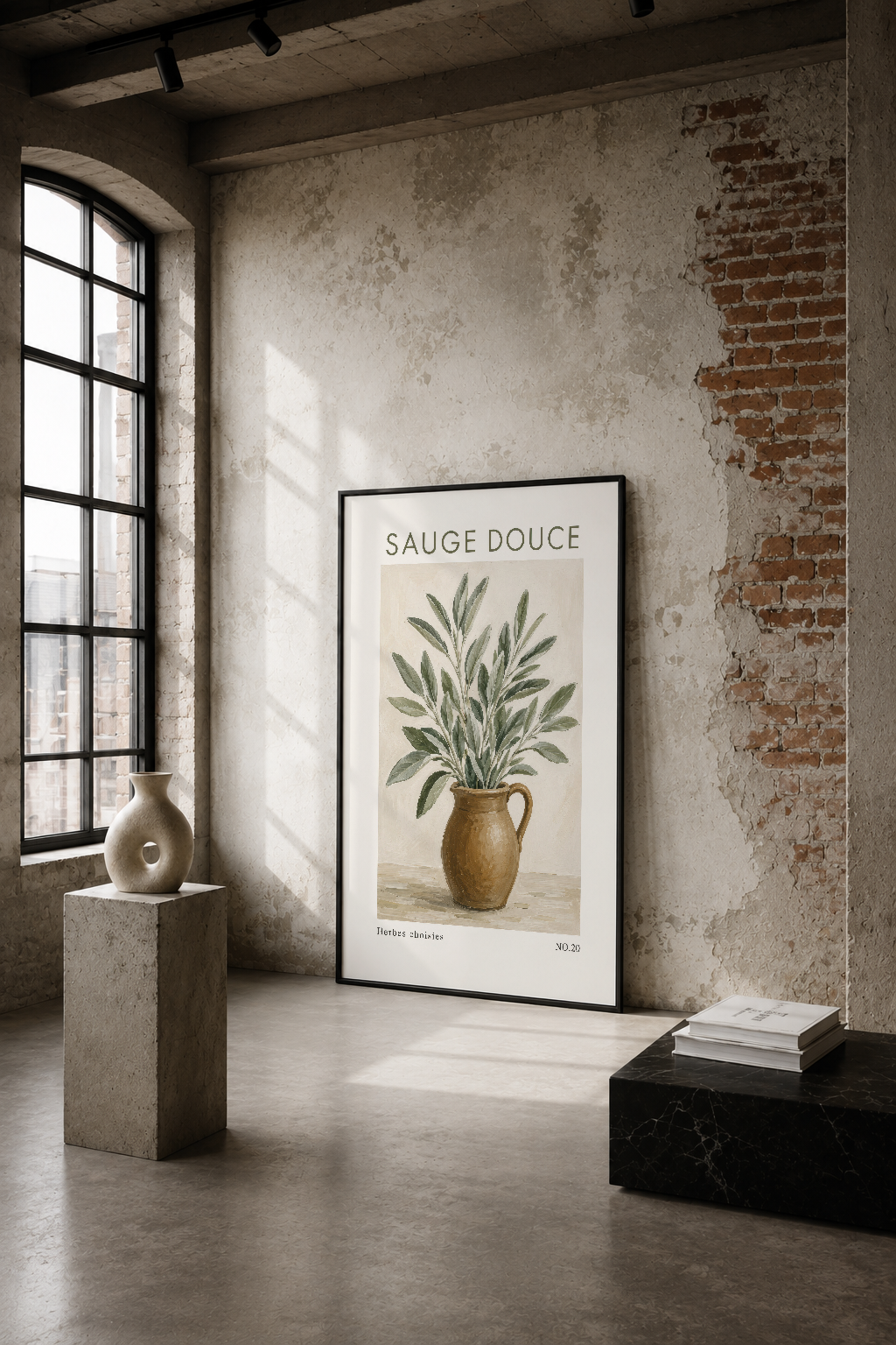 Sauge Douce botanik tablosu, endüstriyel loft dekorunda tuğla duvarın önünde sergileniyor.