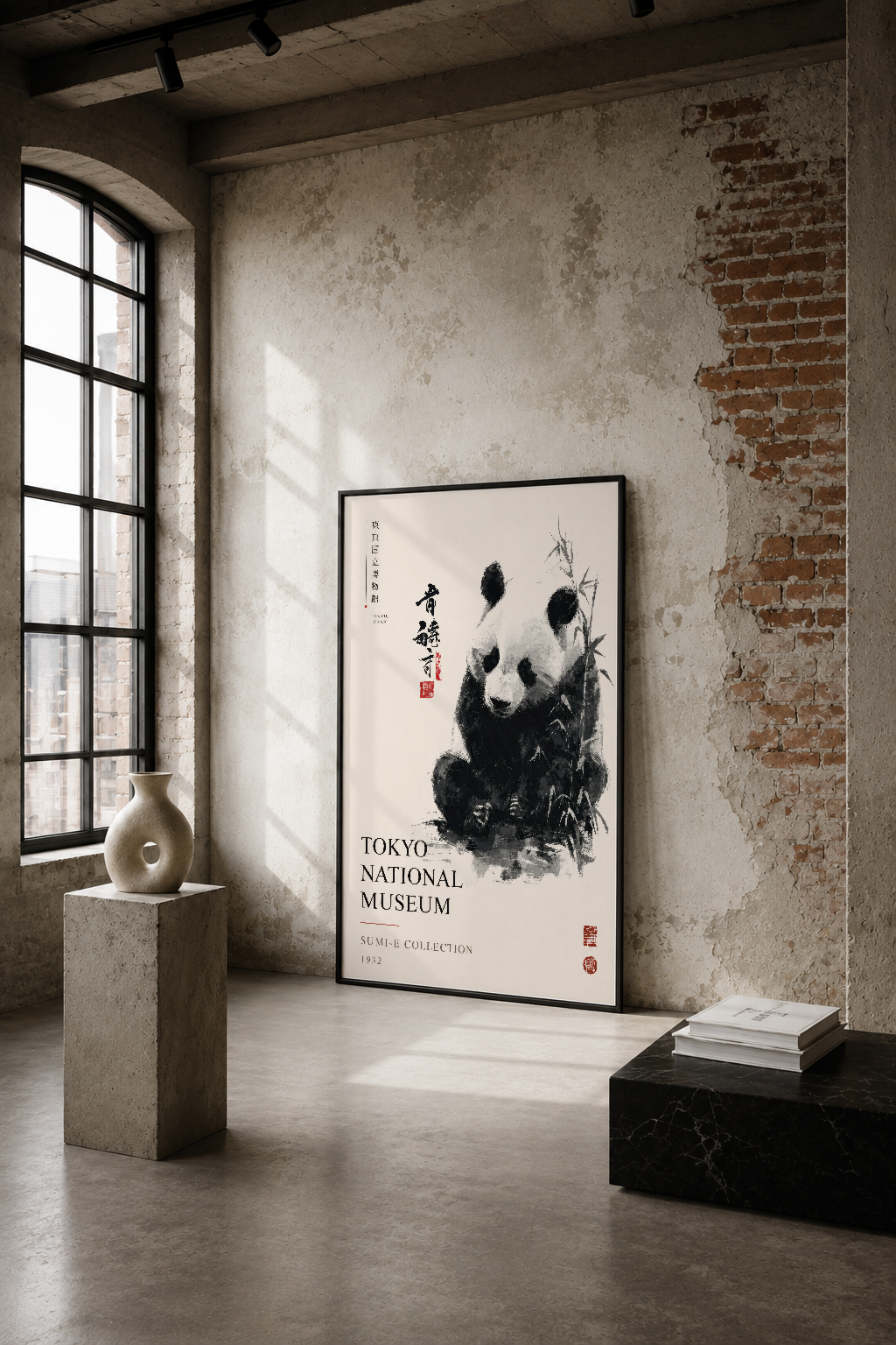 Sumi-e tarzı panda portresi, Tokyo Müzesi koleksiyonundan esinlenmiş minimalist siyah beyaz tabloda, endüstriyel loft