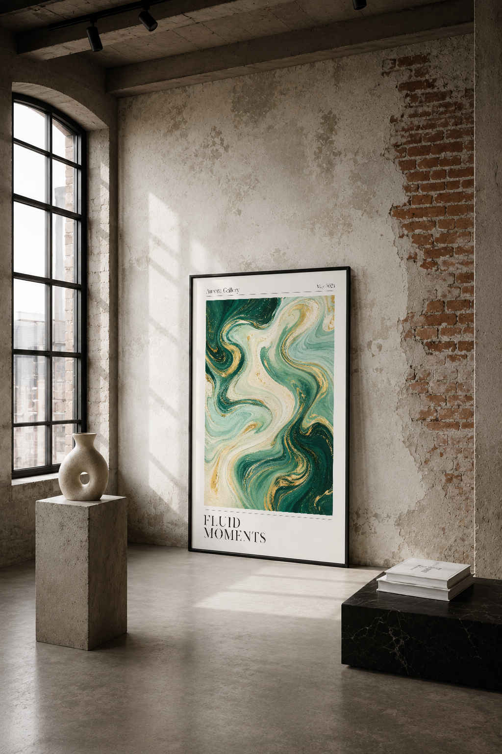 Akışkan yeşil ve altın soyut dalgalar tasarımlı modern poster, endüstriyel mekanda sade duvar tasarımında.