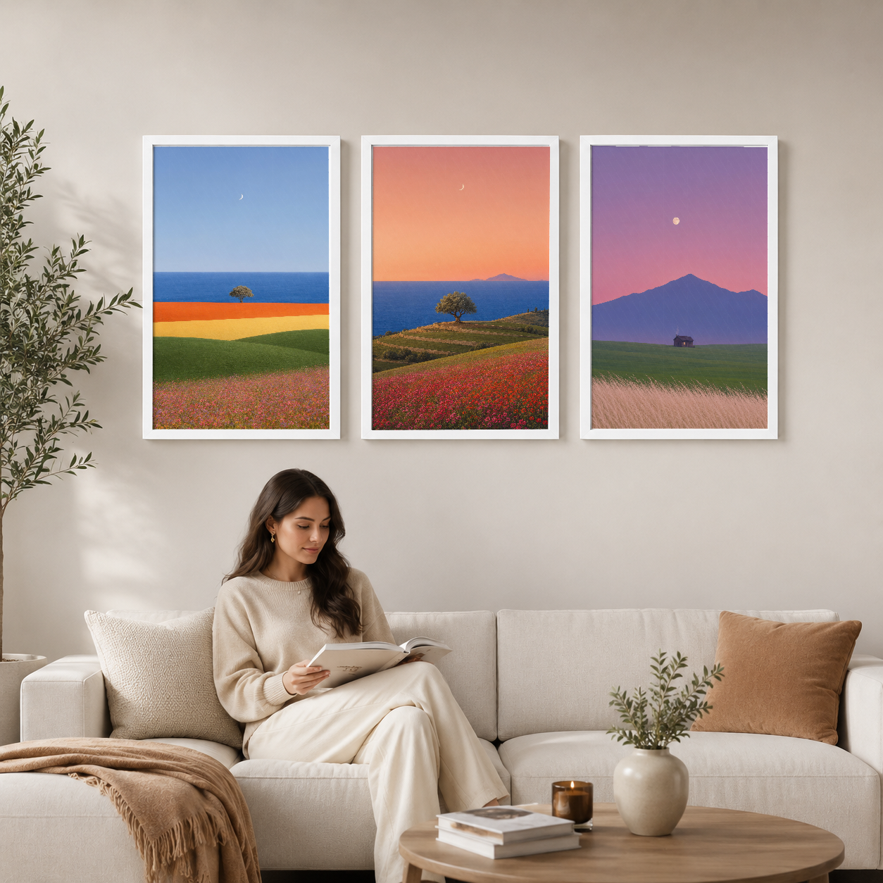 Renkli çiçek tarlası ve gökyüzü manzaralarının yer aldığı üç panel poster, modern oturma odasında kanepenin üstünde