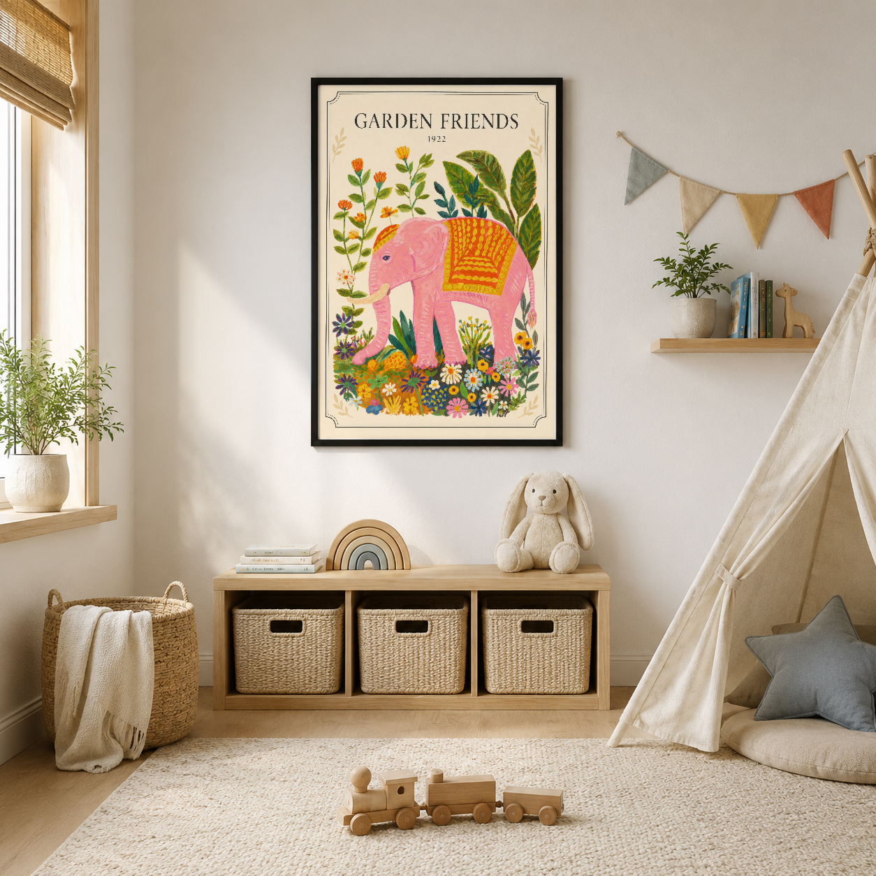Pembe fil ve bahçe çiçekleri temalı vintage poster, çocuk odasında duvar dekorasyonu olarak sergileniyor.