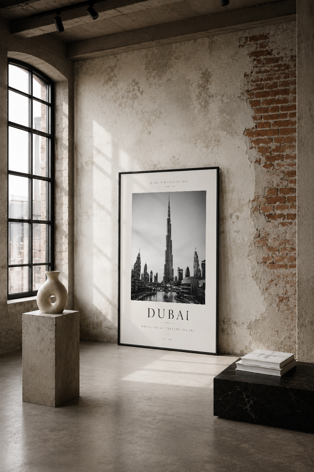 Burj Khalifa'nın ikonik siluetini siyah-beyaz fotoğraf tarzında sunan minimalist poster, endüstriyel bir mekânda.