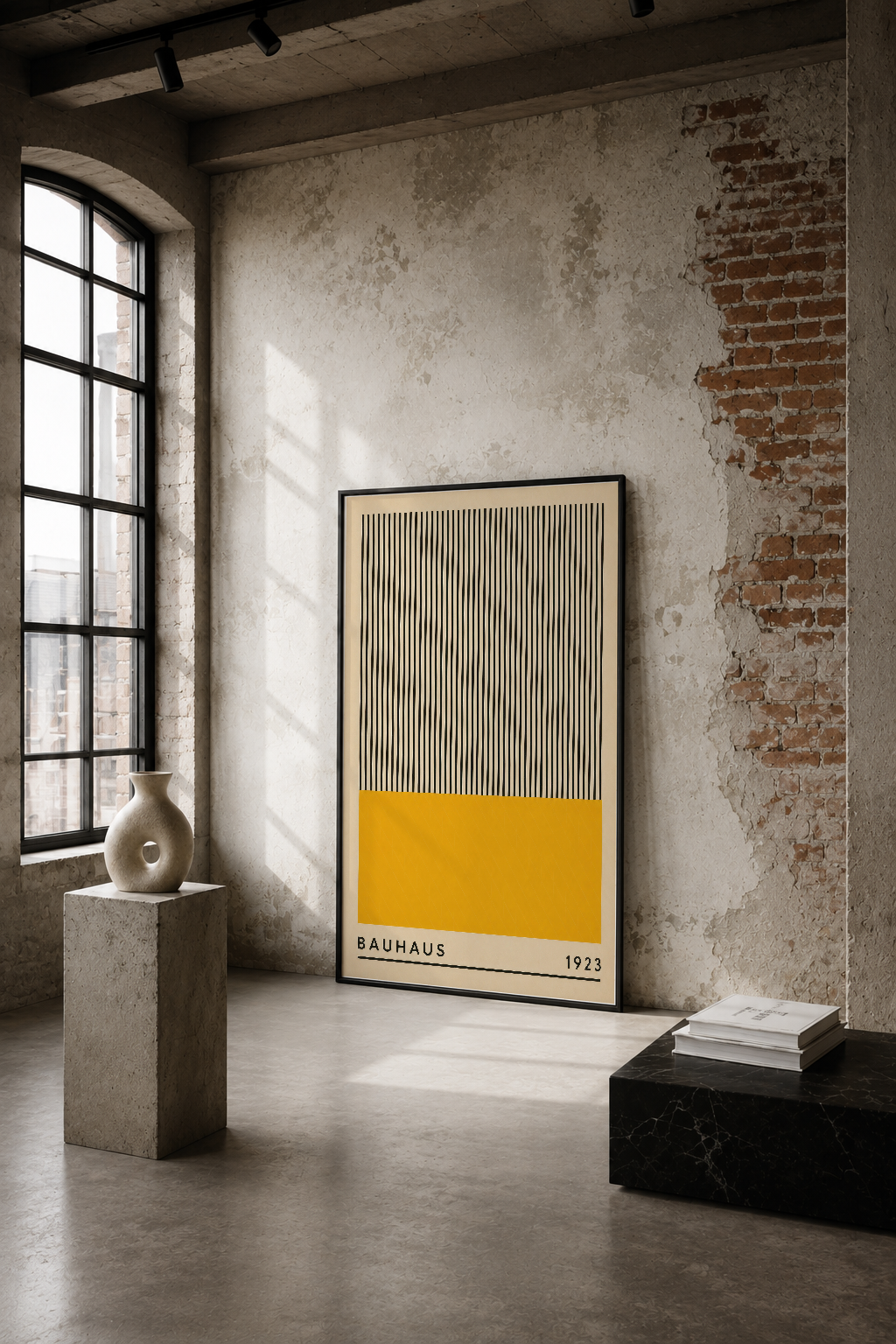 Bauhaus 1923 tasarımı, sarı ve çizgi motifli modern poster, endüstriyel loft dekorasyonunda duvar sanatı.
