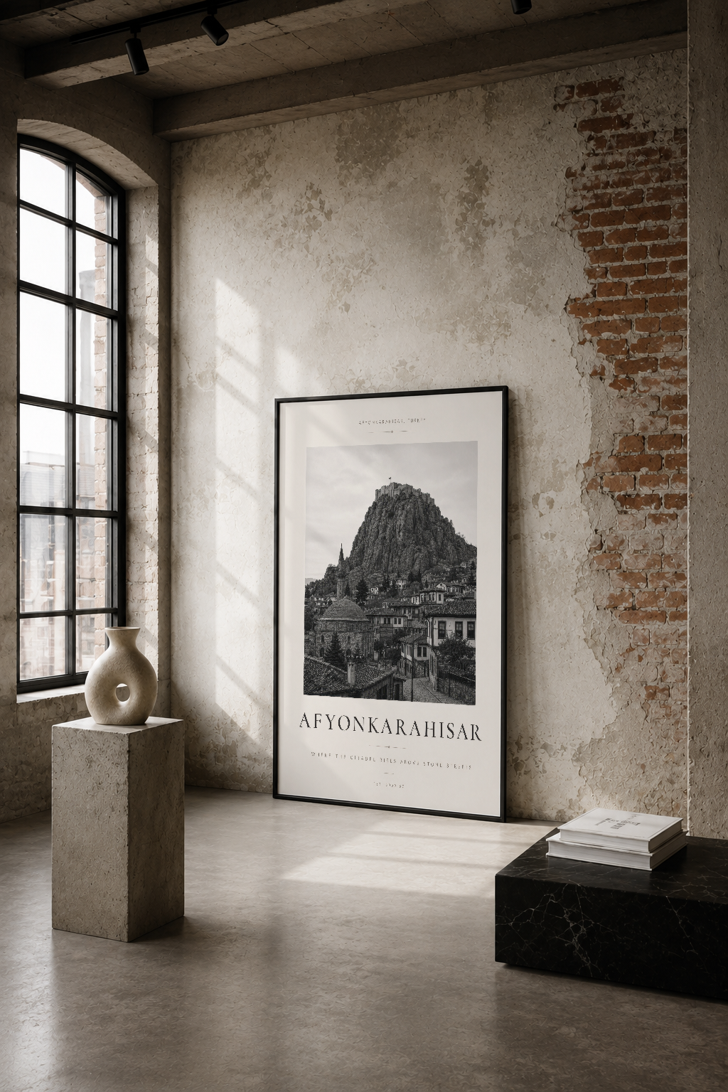 Afyonkarahisar şehrinin siyah-beyaz fotoğrafını gösteren minimalist poster, endüstriyel mekânda duvar tablosunun yanında