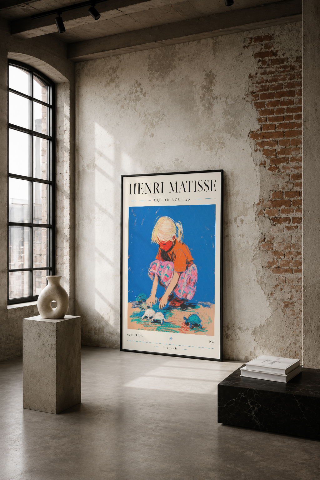 Henri Matisse Color Atelier tablosu, çocuğun kumda oynadığını gösteren canlı mavi ve turuncu renkli tasarım, endüstriyel