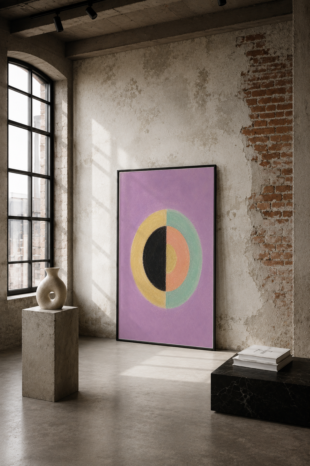 Mor zemin üzerinde geometrik daire deseni, endüstriyel loft alanında siyah çerçevede sergilenen sanat tablosu.