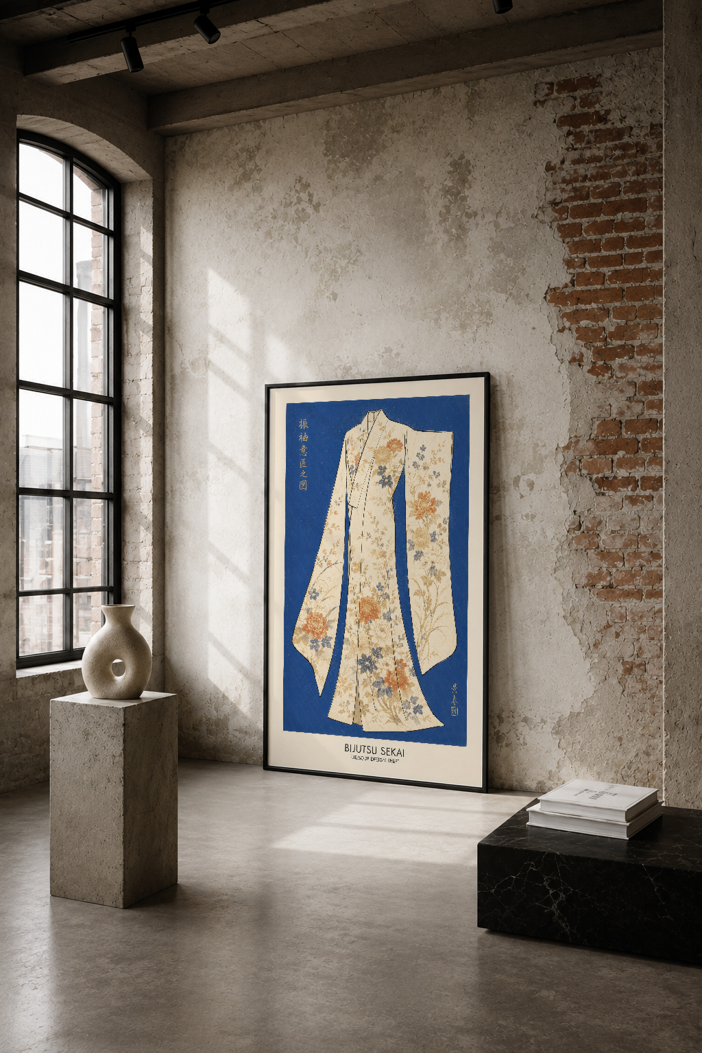 Koyu mavi zemin üzerinde çiçek desenli vintage kimono tasarımı, endüstriyel mekanda sergilenen sanat tablosu.