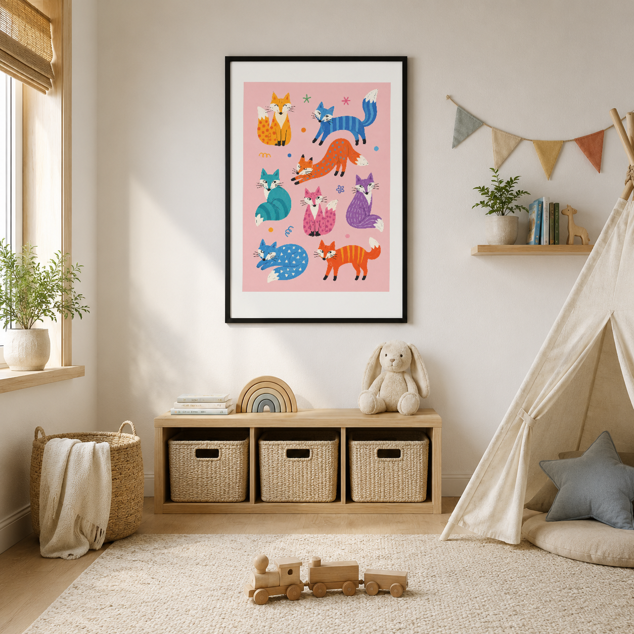 Renkli kediler ve tilkilerle dolu pembe tablo, çocuk odasının dekorasyonunu tamamlayan neşeli bir sanat eseri.