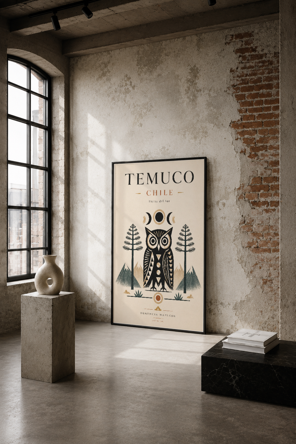 Temuco Chile tasarımı, folk sanatıyla bezeli baykuş motifli duvar tablosu endüstriyel loft dekorasyonunda.