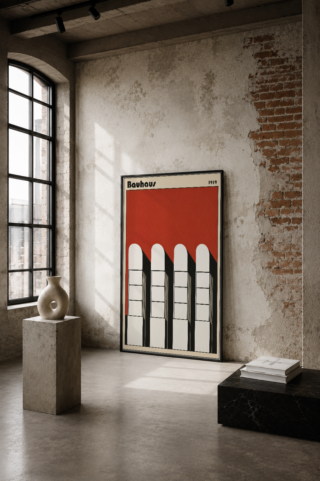 1919 Bauhaus pencereleri tema, kırmızı zemin üzerinde stilize dört beyaz arkılı pencere, sıvak duvarlar ve doğal ışığın