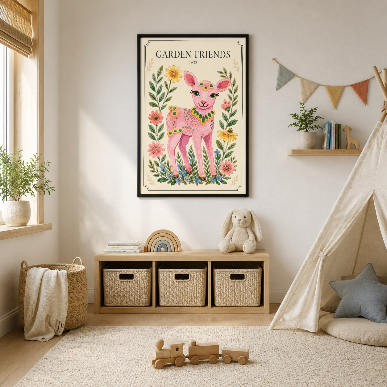 Pembe çiçekli geyik ve botanik desenli Garden Friends tablosu, çocuk odasında oyun alanının üstünde sergileniyor.