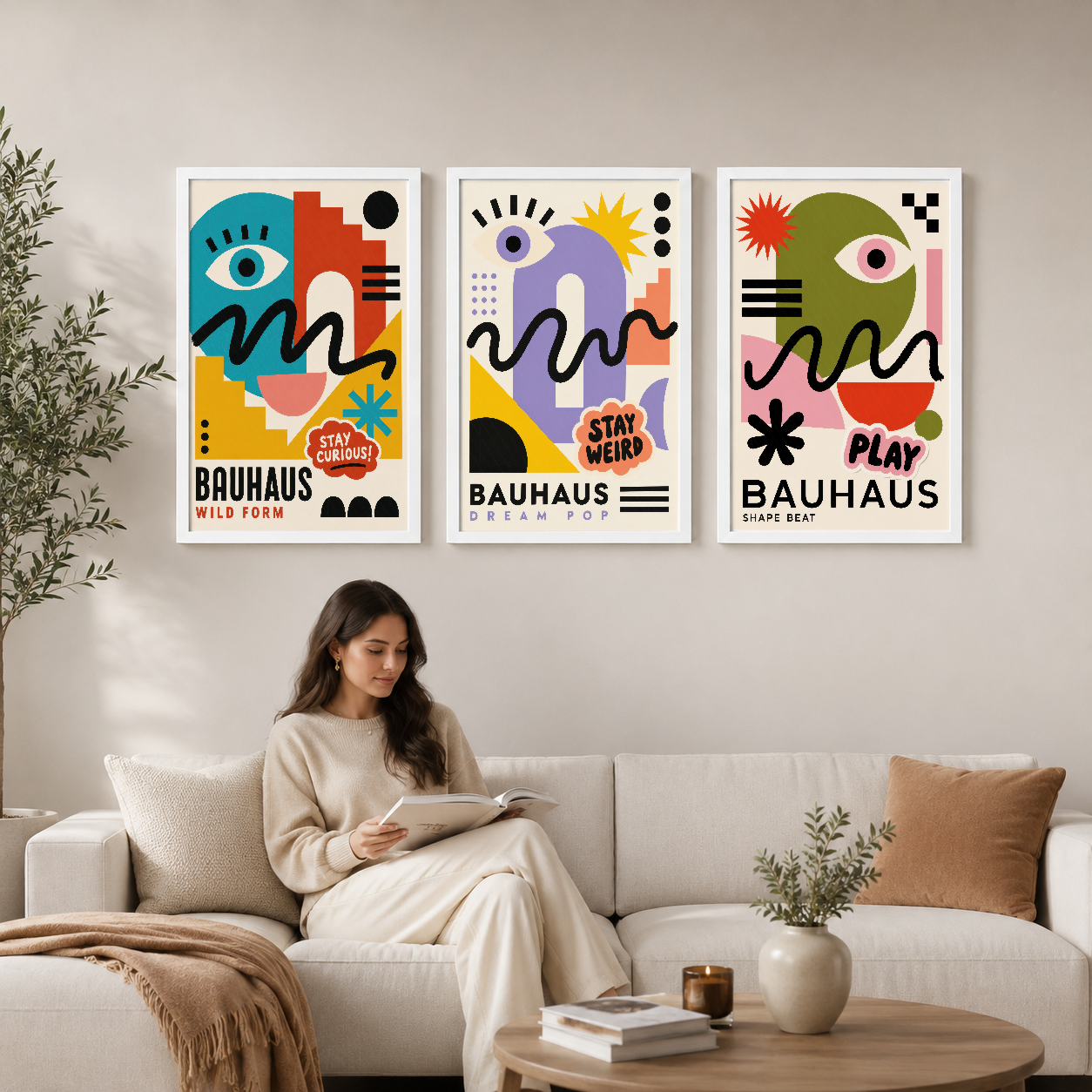 Bauhaus tarzı renkli soyut tasarım serisinin üç parçalı tablosu, canlı geometrik şekiller ve stilize gözlerle modern ev