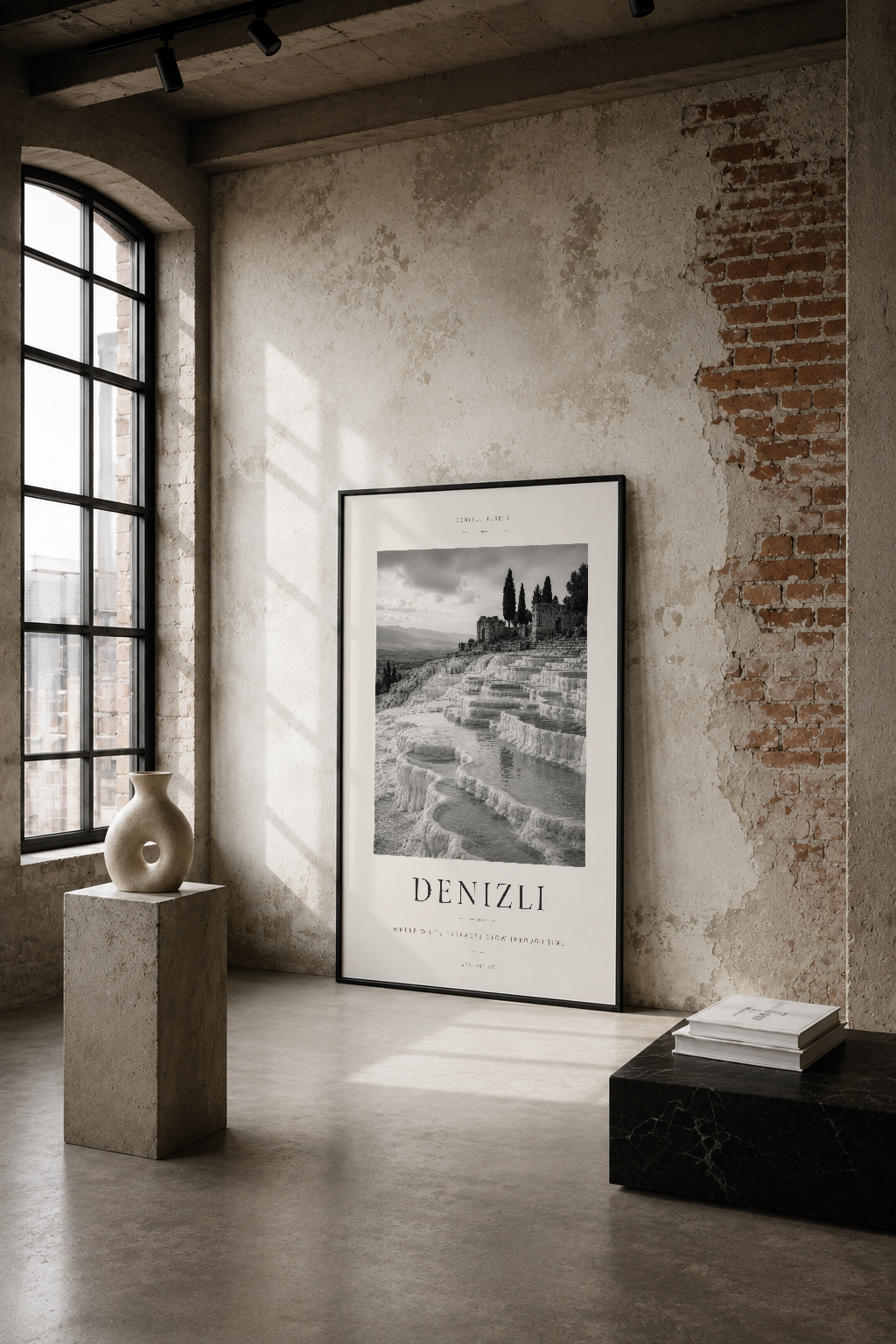 Siyah beyaz Denizli tablosu, endüstriyel loft stilinde travertin teraslarını sergileyen minimalist duvar dekorasyonu.