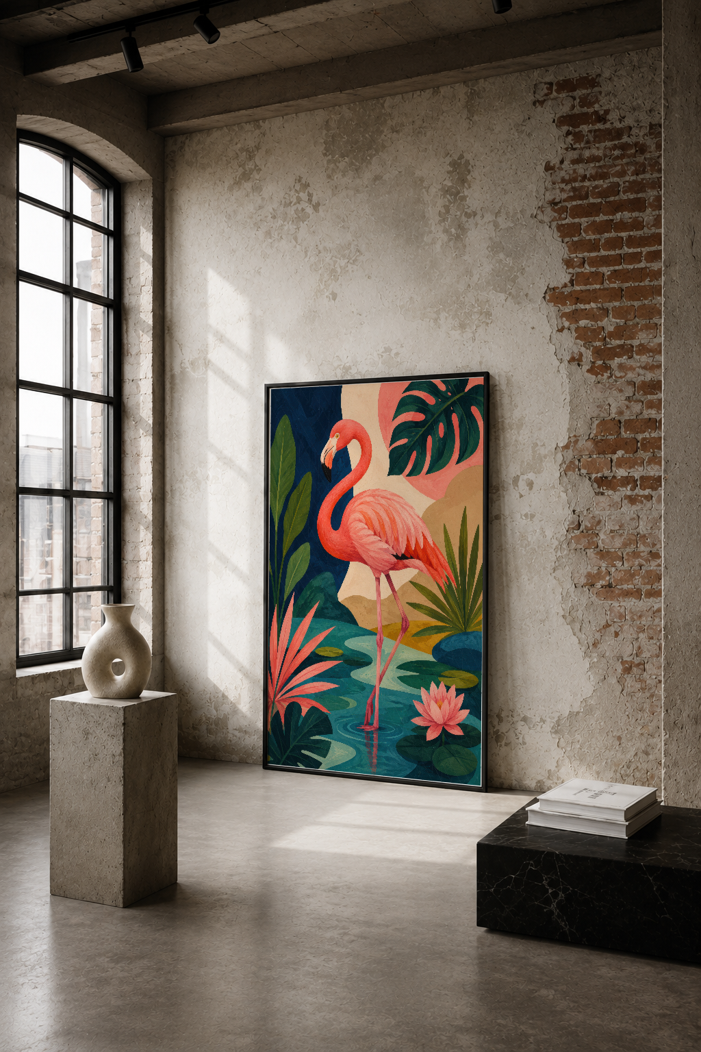 Endüstriyel tarzda, çiçekli ve tropikal bitkileriyle çevrili pembe flamingoyu tasvir eden renkli sanat tablosu.