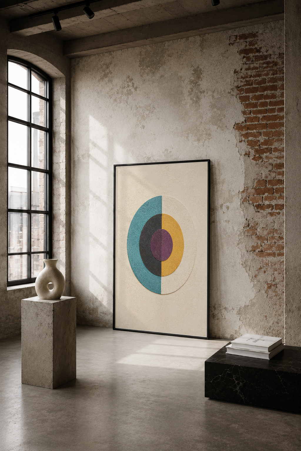 Geometrik daireler deseni, endüstriyel mekanda turuncu ve mavi tonlarla modern sanat tablosu