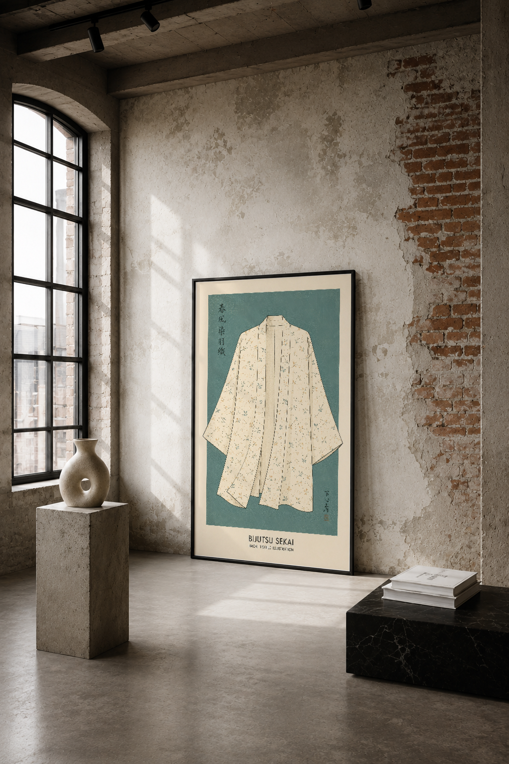 Endüstriyel loft ortamında, çift pencereli duvarın yanında sergilenen Bijutsu Sekai tablosu, vintage tekstil sanat baskısı.