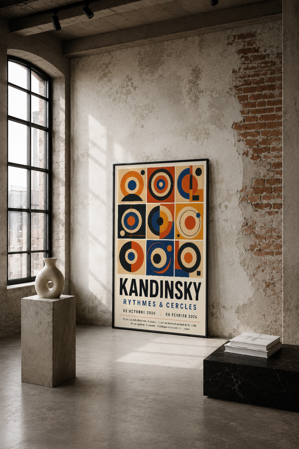 Kandinsky Ritimleri ve Çemberler posteri, endüstriyel loft tarzı alanda, ham tuğla duvar yanında sergileniyor.