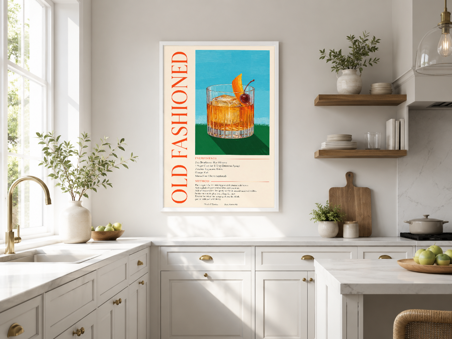 Renkli iç içkiler tasarımlı retro stil poster, modern beyaz mutfakta kanepenin üstünde sergileniyor.